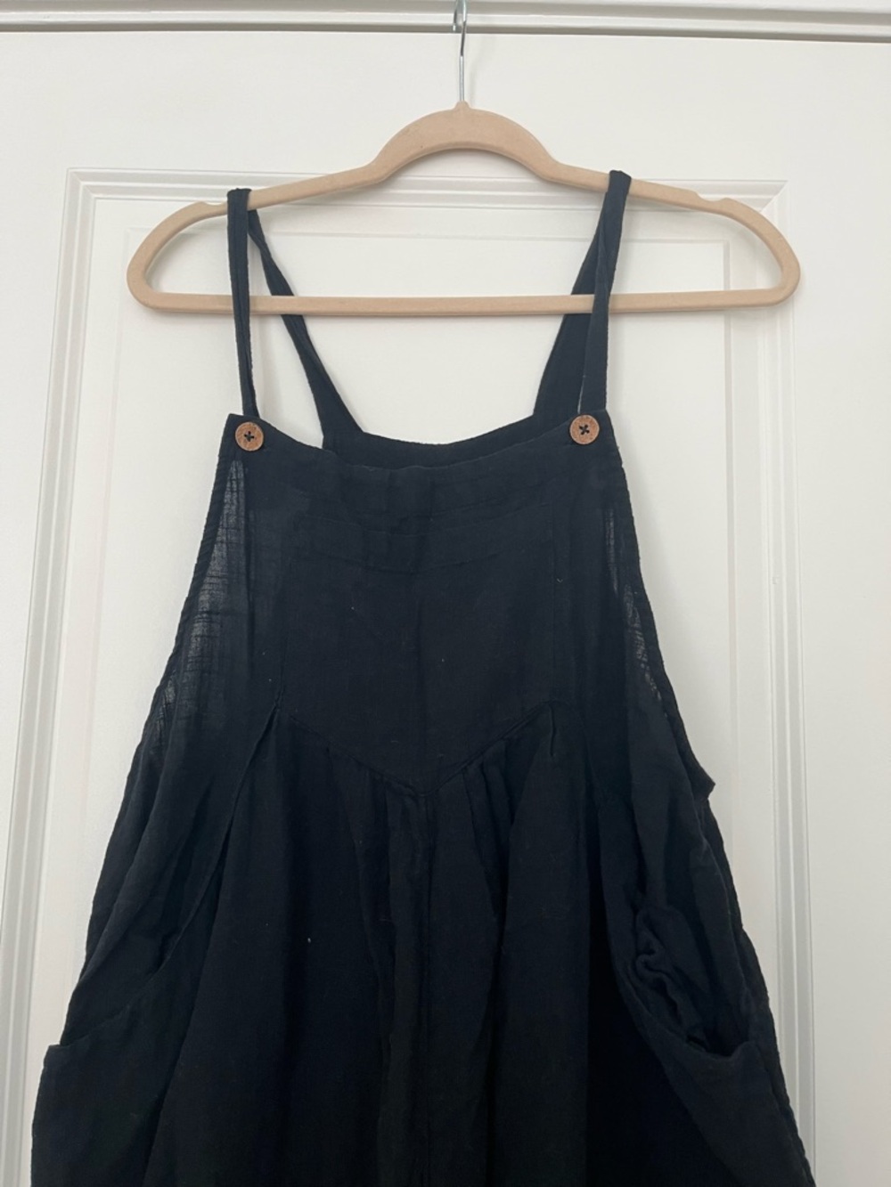 NATURAL LIFE Black Linen Overalls with Button Straps